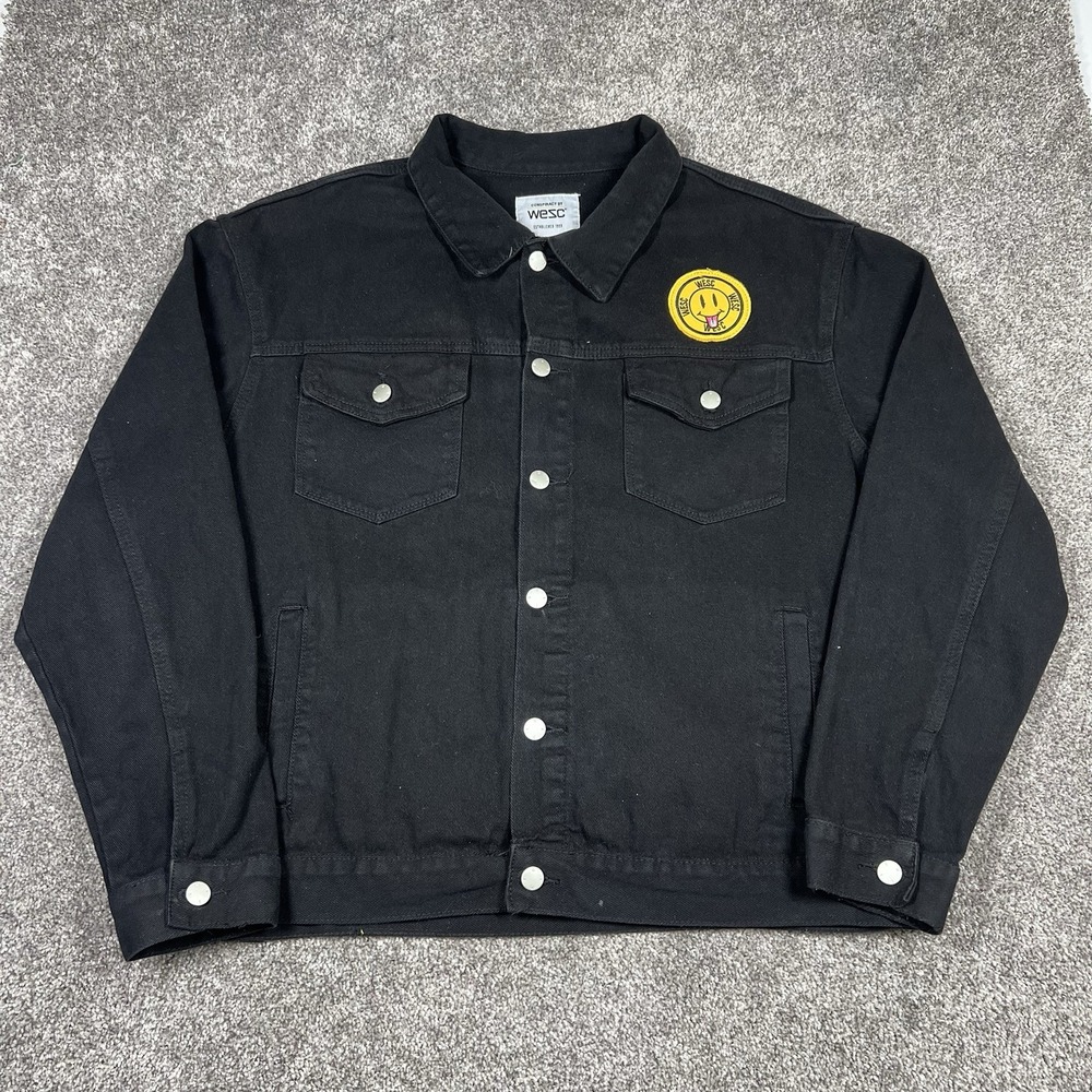 WeSC Men's L Denim Jacket Button Pockets Logo Black Patches Conspiracy Y2K
